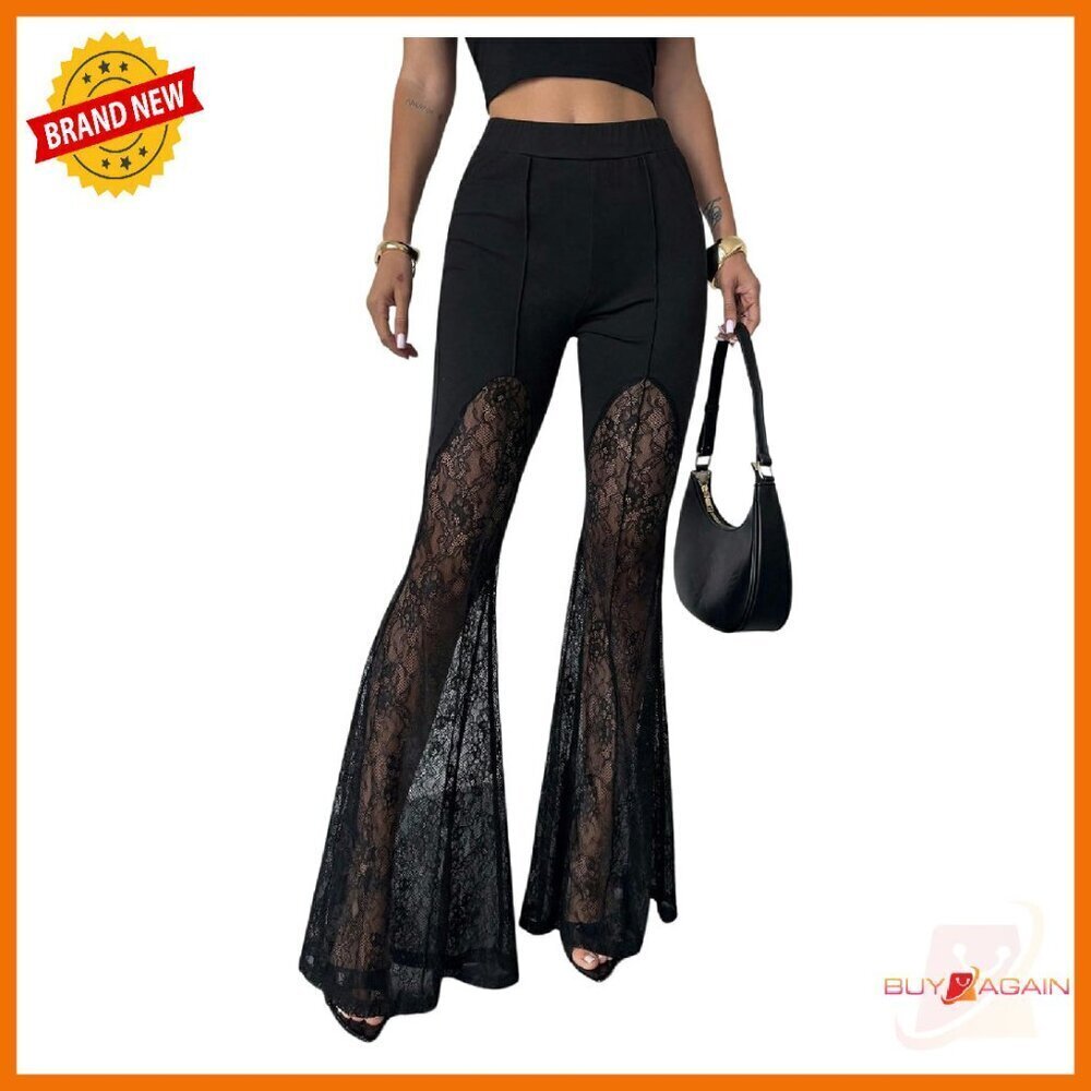 Women's Lace Bell Bottom Pants Mesh Flare Leg High Waisted Sheer Leggings
